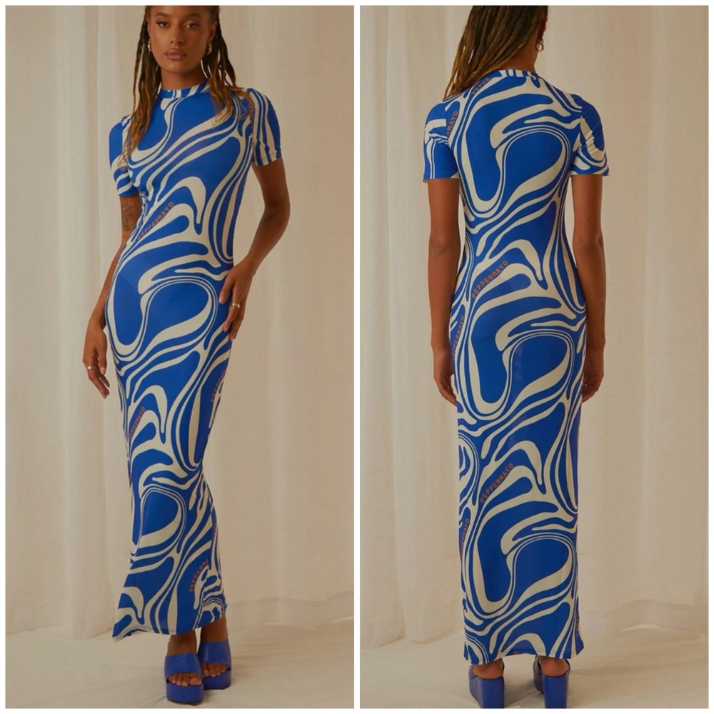 Peppermayo Blue and White Swirl Maxi Dress